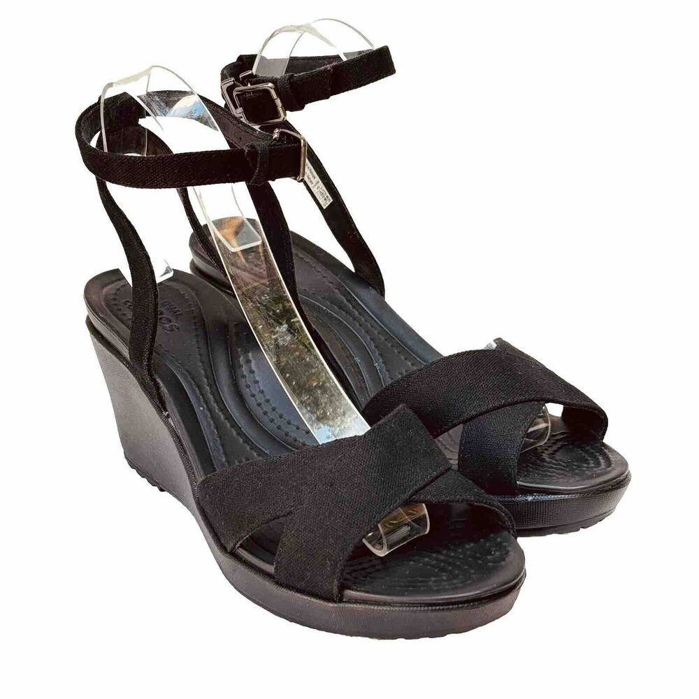 Crocs Leigh II Cross Strap Ankle Wedge Sandals Black Buckle Women 9